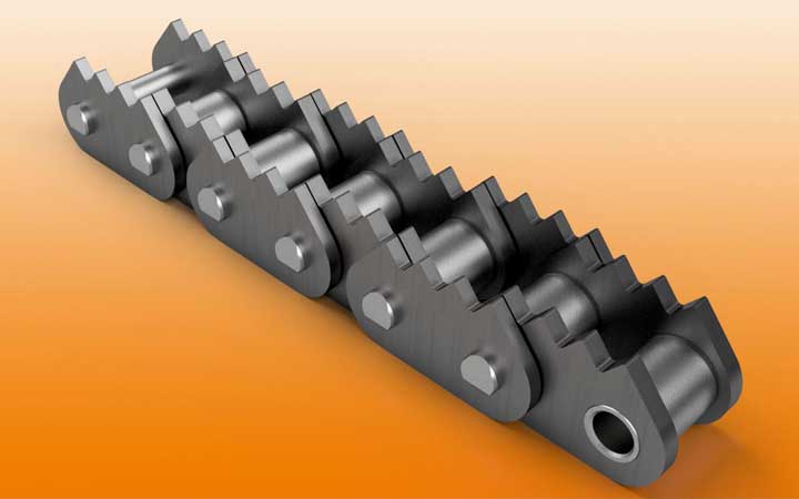 Roller chains with toothed/sharp top plates