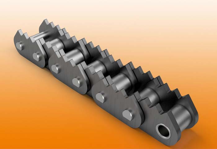 Roller chains with toothed/sharp top plates